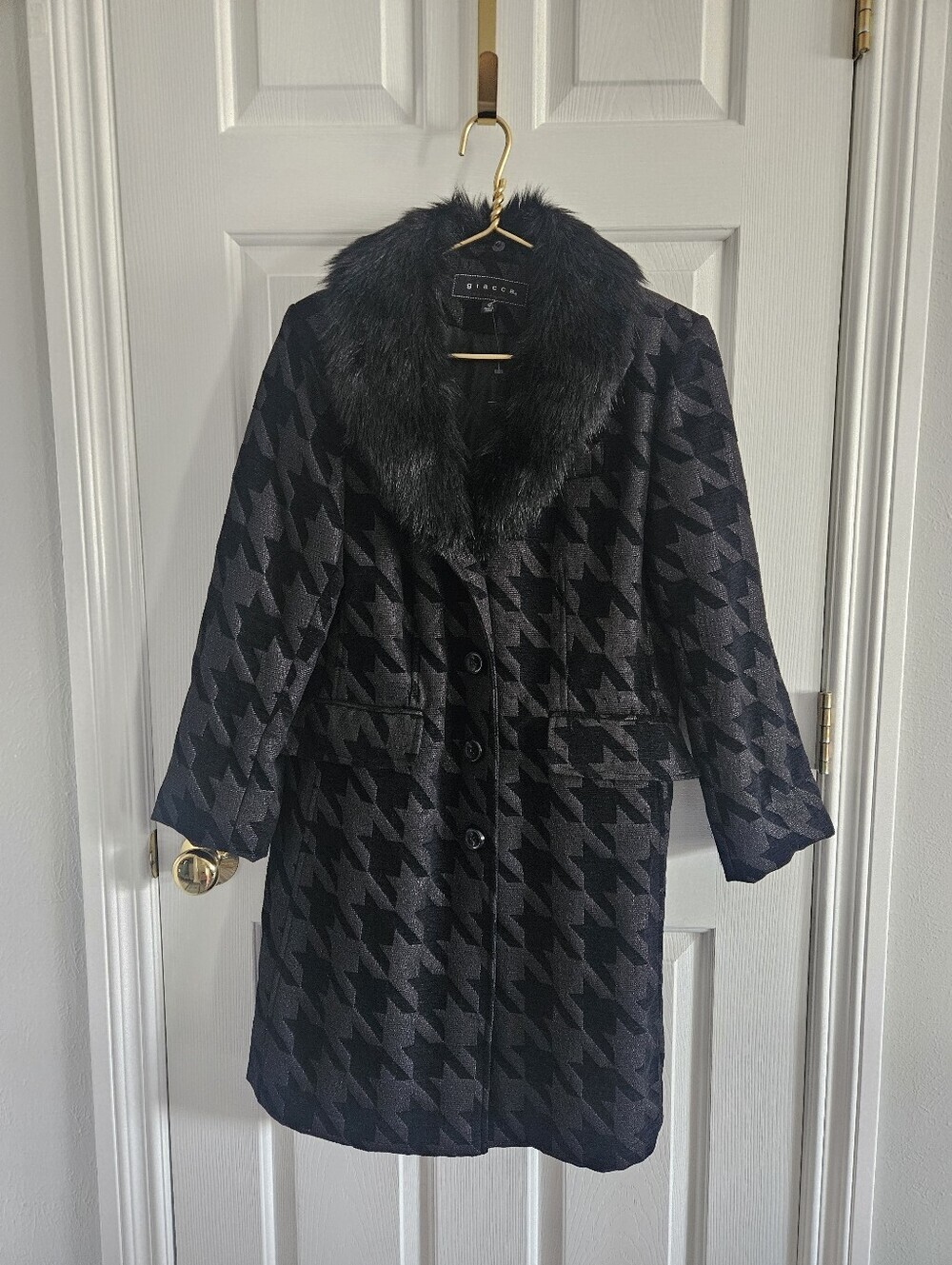 NWOT Giacca Black/Charcoal Houndstooth Mid-Length Swing Peacoat Style Overcoat